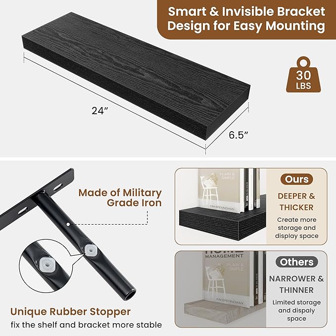 fuqing Floating Shelves for Wall, Wall Mounted Wood Floating Shelf with Invisible Brackets for Living Room, Bathroom, Bedroom, Kitchen Storage and Decor, 24 Inch Set of 2, Black