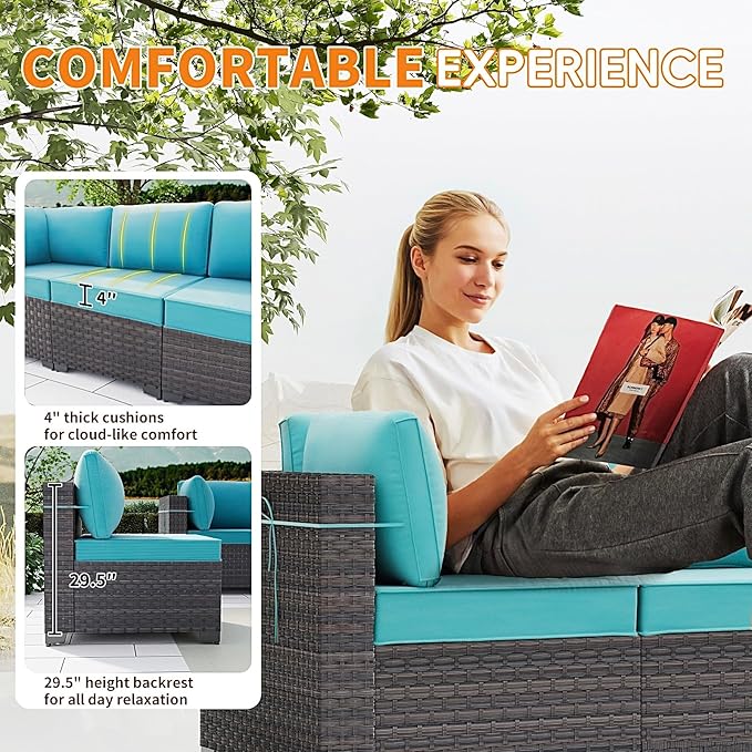 Gotland 10 Pieces Patio Furniture Set with Fire Pit Table, All Weather Rattan Outdoor Furniture with 29.5'' High Backrest 4’’ Thick Cushions Coffee Table, Outdoor Sofa for Deck, Garden, Backyard, Blue