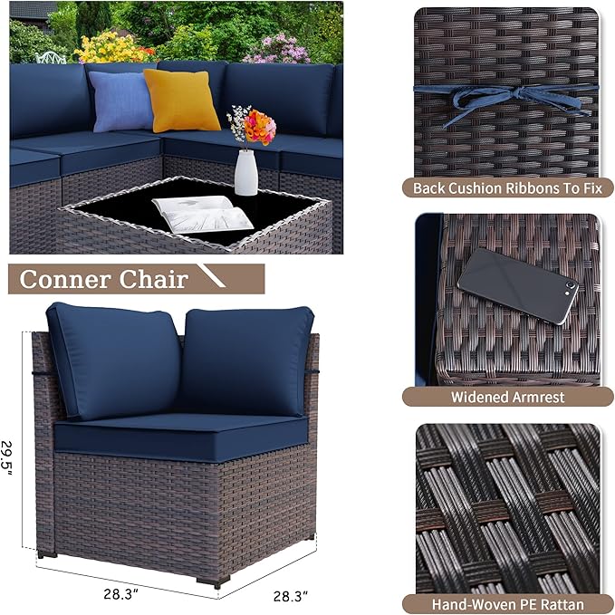 Kurapika 6 Pieces Patio Furniture Set, Rattan Outdoor Conversation Sets w/4 Inch Cushion and Glass Coffee Table(Navy Blue)