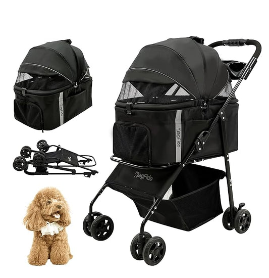 Pet Stroller,4 Wheels 3in1 Multifunctiona Dog Stroller with Brake,33lb Weight Capacity,Lightweight Portable One-Click Folding,Storage Basket Cup Holder,for Dogs/Cats Travel,Black