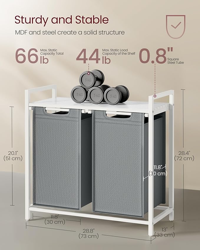 VASAGLE Laundry Hamper, Laundry Basket, Laundry Sorter with 2 Pull-Out and Removable Bags, Shelf, Metal Frame, 2 x 12.1 Gallons (46 L), 28.8 x 13 x 28.4 Inches, Slate Gray and Cloud White UBLH201W11