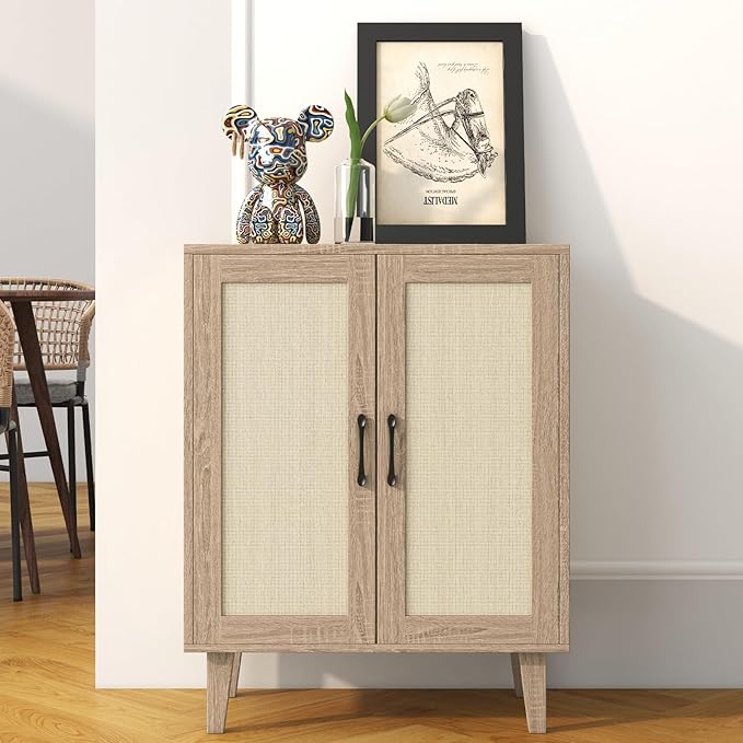 Panana Buffet Cabinet Sideboard with Rattan Decorated Doors Kitchen Storage Cupboard Accent Cabinet (Natural Wood)