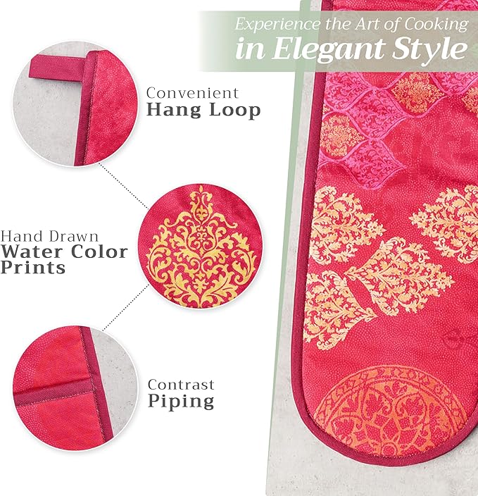 Maison d' Hermine Double Oven Mitt (7" x 35") 100% Cotton Heat Resistant BBQ Cooking Gloves with Loop for Thanksgiving Christmas Decorations Baking Cooking Barbeque Handling Hot Pan (Versailles)