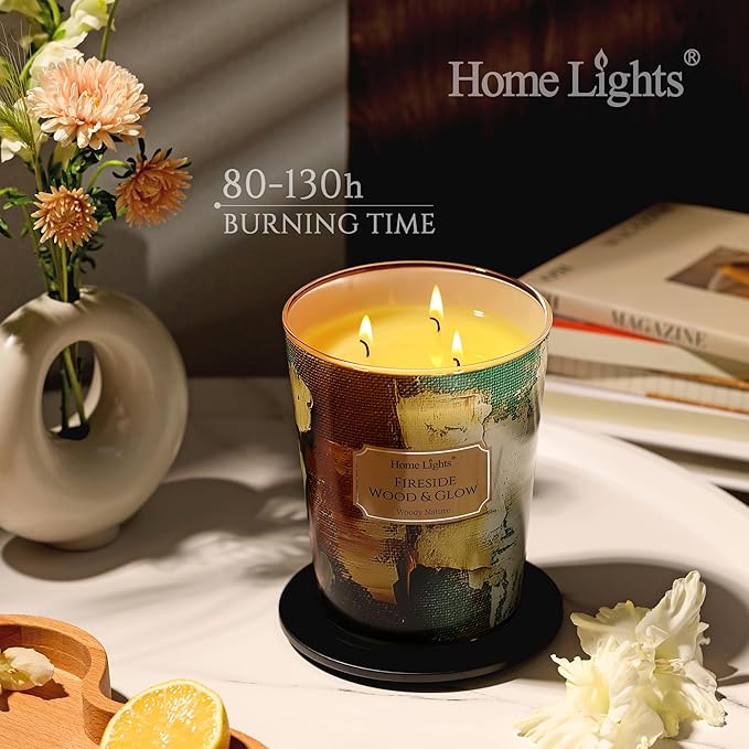 HomeLights 3-Wick Candles for Home Scented - 34oz Soy Wax Blend Candle Long-Lasting Fragrance, Industrial Chic Home Decor and Housewarming Gifts, Fireside Wood & Glow