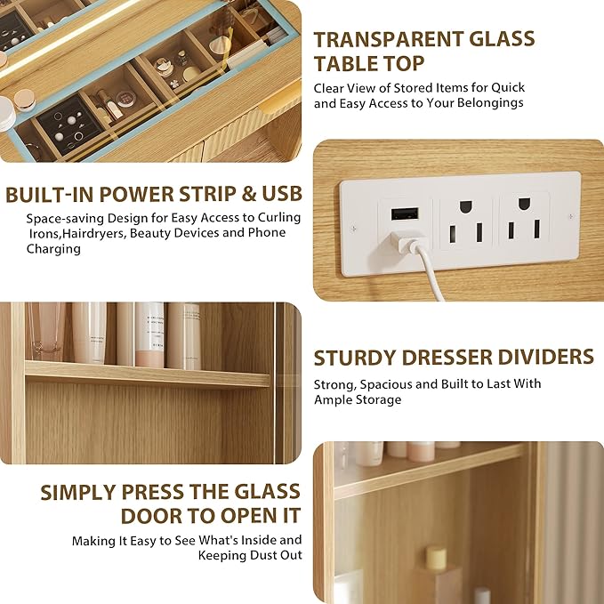 Makeup Vanity Desk with Mirror and Lights, 48" Fluted Makeup Table with Glass Top, Vanity Desk with 5 Drawers, Open Shelf & Power Outlet, Modern Dressing Table for Bedroom Living Room