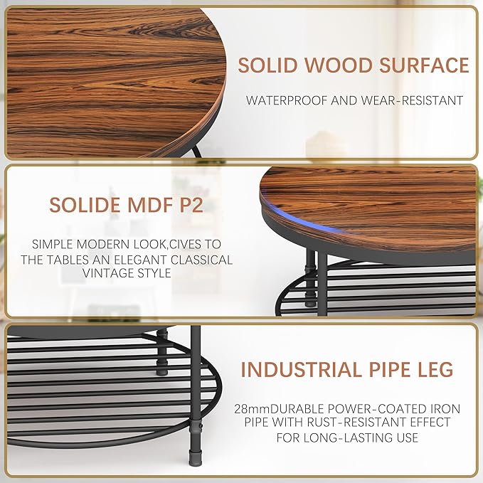 NSdirect 36" Round Coffee Table with Storage Shelf, Dark Grey Brown Vintage Wood Top & Metal Legs - 18.5" Height End Table for Small Spaces (Dark Red Brown)