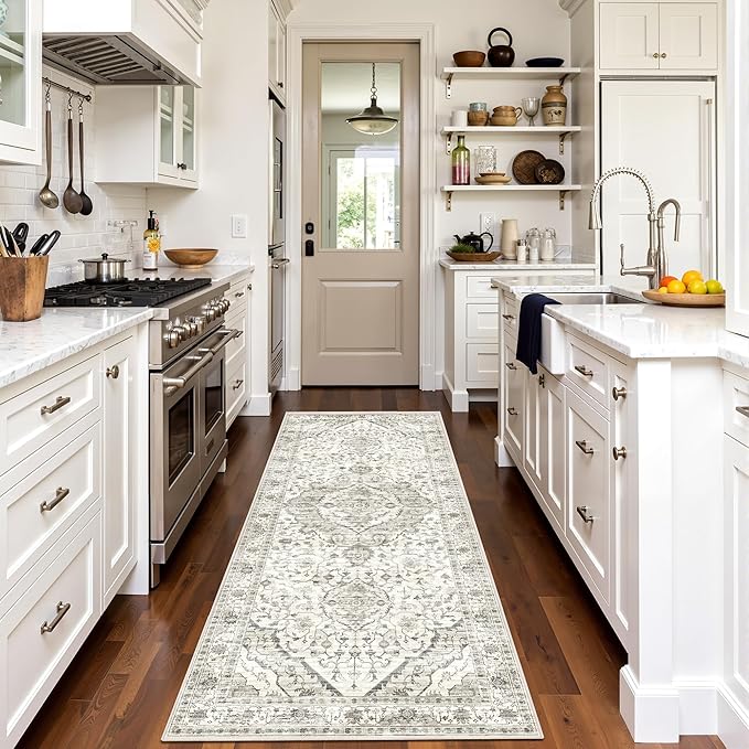 Deerly 3x8 Runner Rug Non Slip - Kitchen Washable Rug Runner with Non-Shedding, Boho Runners for Hallways Distressed Carpet Bedroom Border Cream