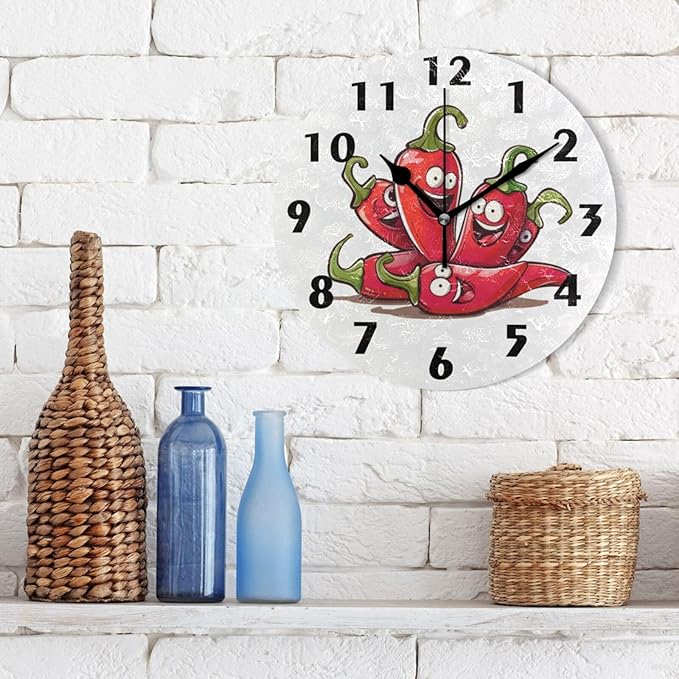 Cartoon Chili Pepper Wall Clock Round Silent Non-Ticking Battery Operated Clocks 10 Inch White Black Home Decor for Kitchen Bedroom Living Room