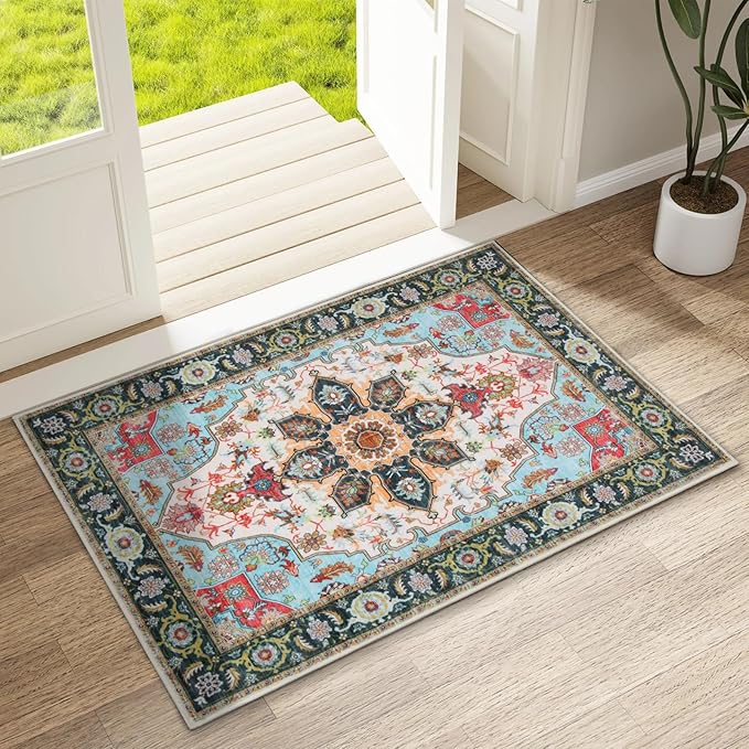 WILLSUN Washable Area Rugs, 2x3 Non-Slip Boho Small Area Rugs for Entryway, Kitchen, Bathroom, Machine Washable Vintage Rug, Indoor Floral Print Carpet for Home Decor, Kid & Pet Friendly Mat