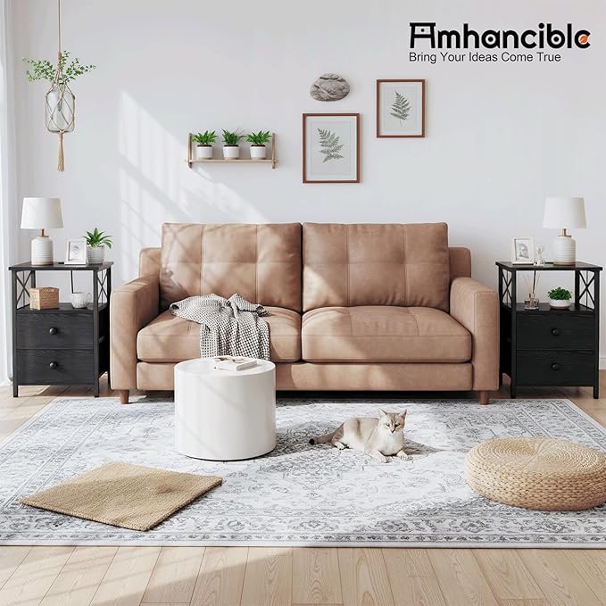 AMHANCIBLE Night Stand Set 2, Black Nightstand with Charging Station, End Tables Living Room with USB Ports and Outlets, Bedside Table with Fabric Drawers for Bedroom, HET05XBK