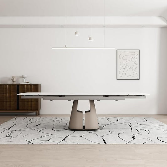 Modern Dining Table, Seats 8-10, Extendable Sintered Stone Dining Table, White Top, Saddle Leather Pedestal Table, 90 in.（1Table