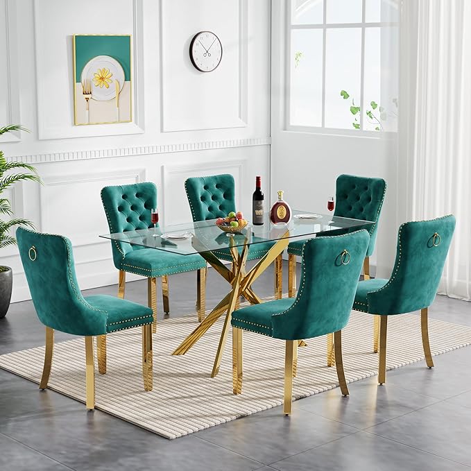 Goujxcy Glass Dining Table Set for 6, Modern Kitchen Table and Chairs Set of 6, 7-Piece Kitchen Dining Room Table Set w/51 Glass Gold Dining Table and 6 Green Velvet Upholstered Chairs