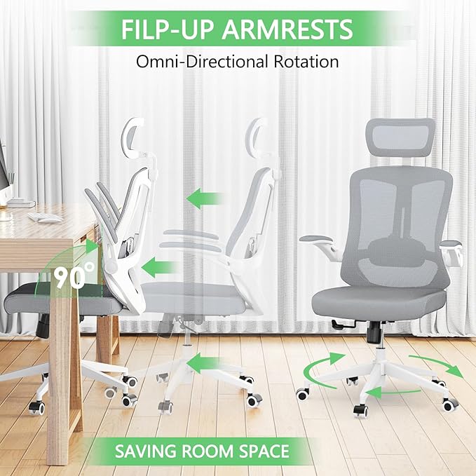 Office Chair,Ergonomic Comfy Home Desk Chair with 350LBS Capacity,High Back Gaming Chair with Wheels,Mesh Computer Chair,Lumbar Support, Adjustable Headrest,Flip-up Armrest (A-gray + White-1)