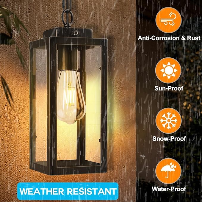 Outdoor Pendant Light Dusk to Dawn, 11'' Porch lights Outdoor Chandelier Hanging Ceiling Lights, Black Aluminum Lightshade with Tempered Glass, Exterior Lighting Fixture for Porch Yard, Gazebo, 1 Pack