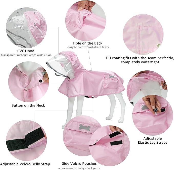 Waterproof Dog Raincoat, Adjustable Reflective Lightweight Pet Rain Clothes with Poncho Hood (Light Pink, Medium)
