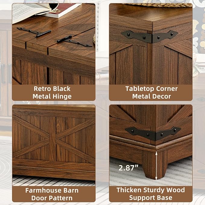 Farmhouse Coffee Table Sets 2 Pieces, Narrow Night Stand with Glass Barn Door Storage, Large Coffee Tables with Hidden Storage Organizer, Wood Furniture Sets for Living Room, Office, Brown