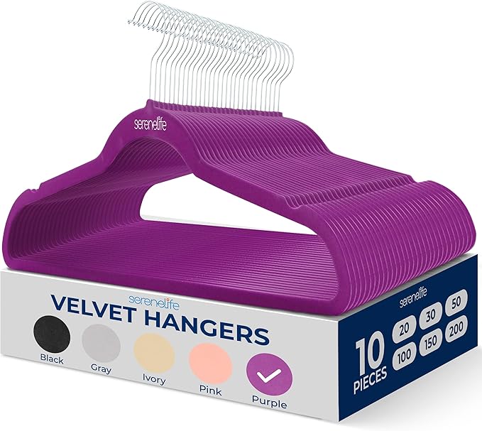 SereneLife 10 Pack Velvet Hangers – Non-Slip Clothes Hangers with Heavy Duty Design, Slim Space-Saving Coat Hangers with 360° Swivel Hook, Strong Lightweight Closet Organizer Set for Clothes (Purple)
