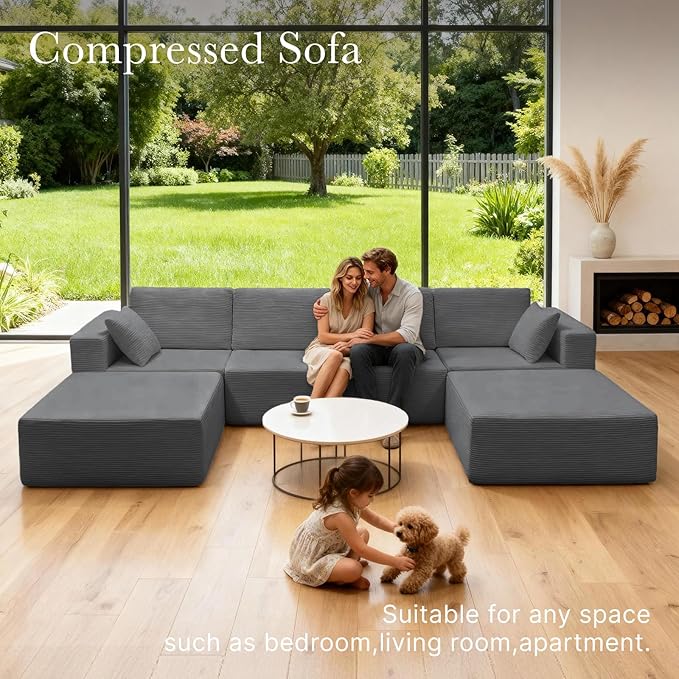 137” Modular Sectional Sofa Couch, 4-Seater U-Shape Sofa with Ottoman, Memory Foam Compressed Sofa, Free Combination Couch for Living Room,No Assembly Needed (Grey, 4 Seats+ 2 Ottoman)