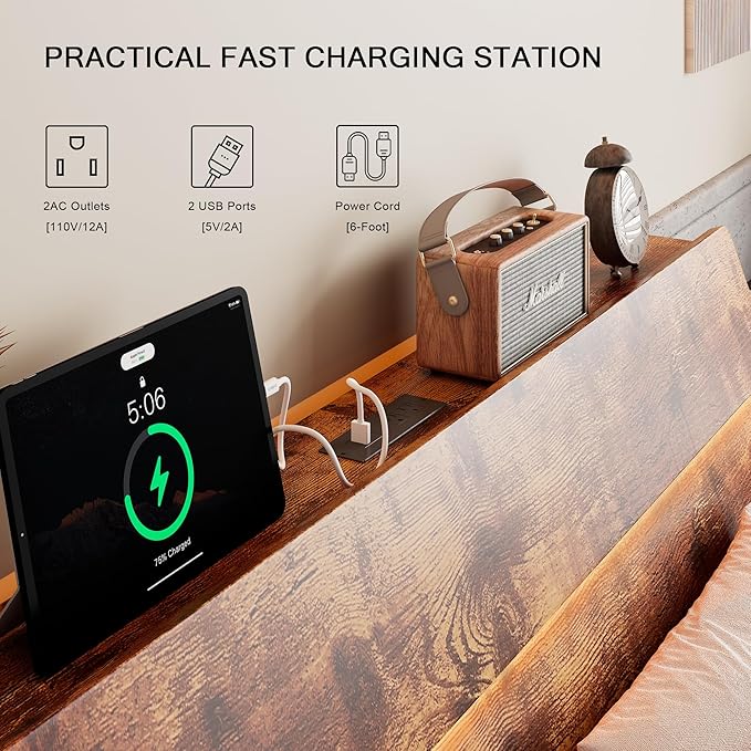 Floating Bed Frame Full Size with Led Headboard and Charging Station, Metal Platform Bed Base with Storage, Remote Control, Heavy Slats Support, No Box Spring Needed, Noise Free, Vintage Brown