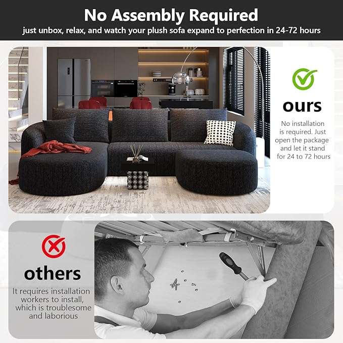 111" Modular Sectional Couches Luxury Modern Curved Back U-Shape Sofa Set with Ottoman,Minimalist Comfy Boneless Cloud Couch for Living Room Apartment,(Left Facing Chaise,Black)