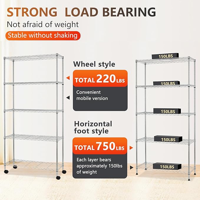 FDW | 5-Tier Wire Storage Shelves with Wheels | 30"x14"x61" | Chrome | Adjustable Racks | Heavy-Duty Metal Shelf, Holds Upto 220 lbs | Tool-Free Assembly, Rust-Resistant | for Home & Garage Shelving