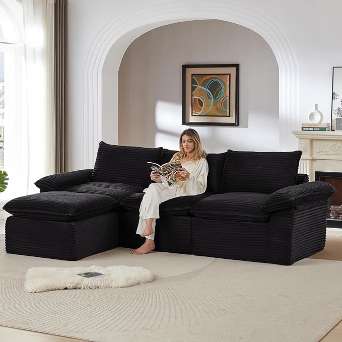 113.03" Sectional Couches for Living Room Modern Modular Sofa with L-Shape Couchs Upholstered Corduroy Boneless Couch Deep Seat Cloud Couch with Ottoman, No Assembly Required, Black