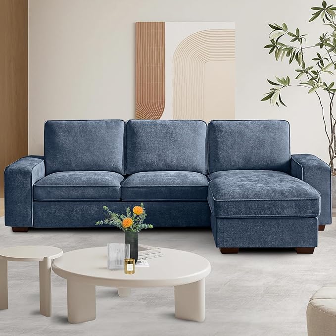 PARKOL 99" L-Shaped Sectional Couch with Storage, Sofa with Reversible Chaise, USB Type-C Charging, Chenille Fabric, Removable Cushion Covers, for Small Space, Apartment, Living Room, Blue