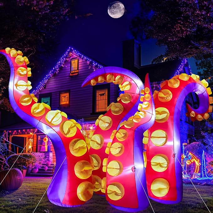 Max Fun 4pcs Halloween Inflatables Octopus Tentacles Outdoors Decorations with LED Lights Built-in Blow Up Yard Decoration for Outdoor Garden Lawn (8FT- Halloween Inflatables Octopus Tentacle)
