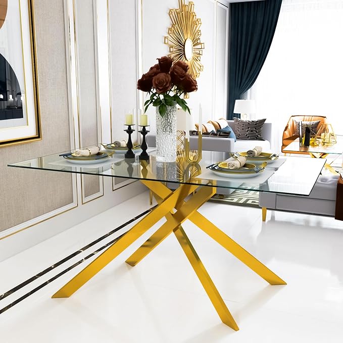 51.2" Glass Dining Table, Modern Kitchen Table for 4-6 People, Contemporary Rectangular Dining Room Dinner Tables with Clear Glass Top & Gold Metal X Legs for Kitchen Apartment