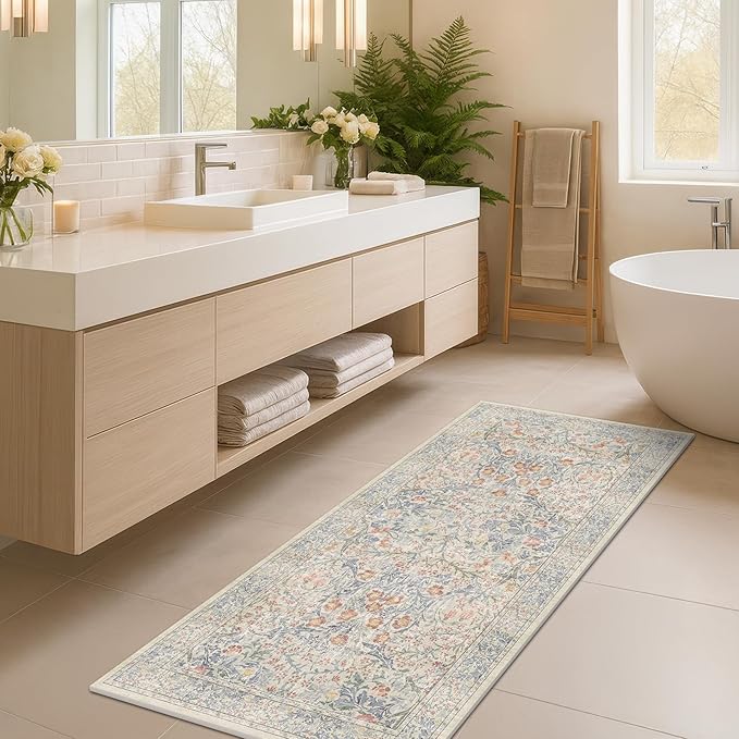 Washable Bathroom Runner Rug 2x5, Non Slip Runner for Laundry Room, Bathroom Sink Mat - Vintage Pastel Beige Blue Throw Rug, Ultra Soft Low Pile Stain Resistant