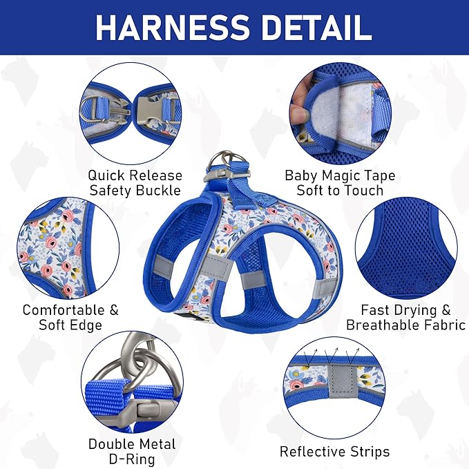 GAMUDA Small Dog Harness Collar and Leash Set, Step in No Chock No Pull Soft Mesh Adjustable Dog Vest Harnesses Plaid Reflective for Dogs Puppy Cats Kitten Rabbit (Blue Flower, M)
