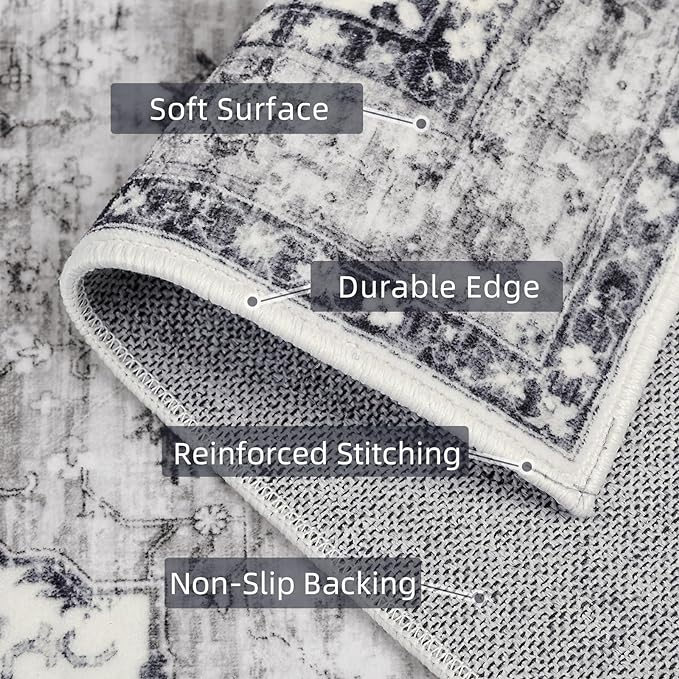 Runner Rugs for Hallway 2x6 Ft Non-Slip Fall Runner Rugs with Rubber Backing Washable Rug Runner for Kitchen Bedroom Vintage Distressed Carpet (Border Grey)