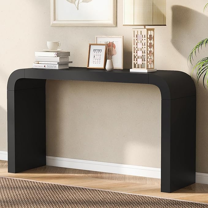 52" Curved Console Table for Entryway Modern Long and Narrow Foyer Table Behind Couch for Corridor Living Room Wood (Black)