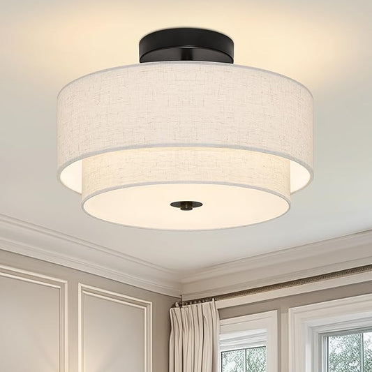 2 Light Semi Flush Mount Ceiling Light Fixture 12.6 Inch Modern Black Drum Ceiling Light Fixture with 2-Layer Fabric Shade Dimmable Close to Ceiling Light for Living Room Hallway Bedroom Entryway