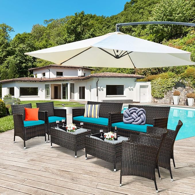 Tangkula 8 Pieces Patio Rattan Conversation Set with Tempered Glass Coffee Table & Thick Cushion, Wicker Set for Garden, Lawn, Poolside and Backyard