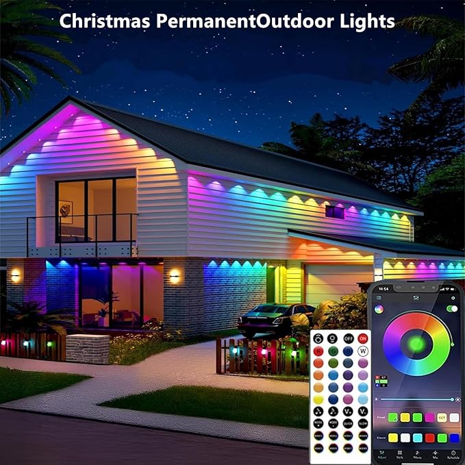 Permanent Outdoor Lights,50ft RGB + IC Smart LED Eaves Lights with App & Remote Control, IP67 Waterproof,for Christmas and All Holiday Decor,Daily and Accent Lighting,House Roof and Garden Lighting