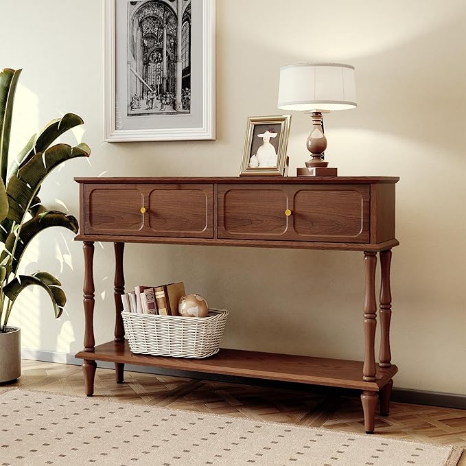 ARTPOWER Mid-Century Console Table for Entryway with 2 Drawers, Brown Retro Entryway Table with Storage Cabinets and Open Shelf, Narrow Long Couch Table Behind Sofa for Living Room, Foyer, Hallway