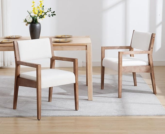 EALSON Upholstered Dining Chairs Set of 2 Mid Century Dining Room Arm Chairs with Hardwood Frame Modern Farmhouse Kitchen Side Chairs for Living Room, Beige Linen