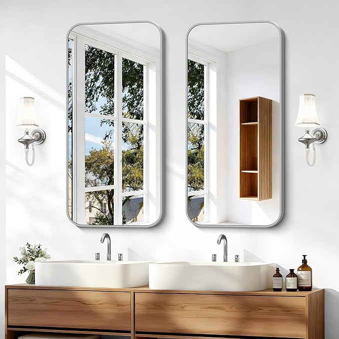 BONEWEI Silver Bathroom Mirror,20x40 inch Wall Mirror for Bathroom Wall Mounted,Rectangle Mirror for Bathroom Over Sink,Modern Frame Round Corner for Living Room,Bedroom Entryway,Horizontal/Vertical