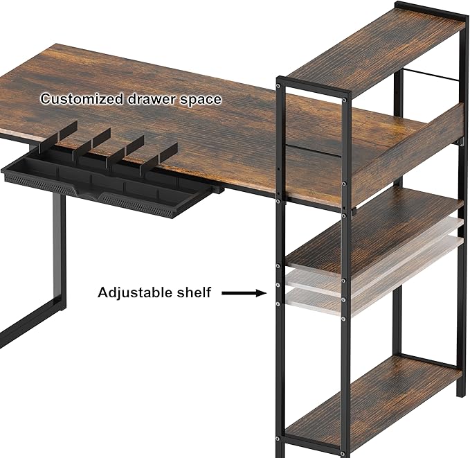 SHW 46-Inch Home Office Mission Computer Desk with Side Shelf and Drawer, Rustic Brown