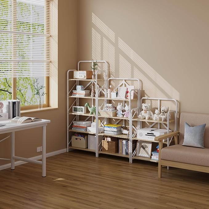 JSB No Assembly Folding Bookshelf, 5 Tier Industrial Metal Book Shelf for Storage, Vintage Wood Foldable Bookcase for Living Room, Bedroom, Office Organization Shelves