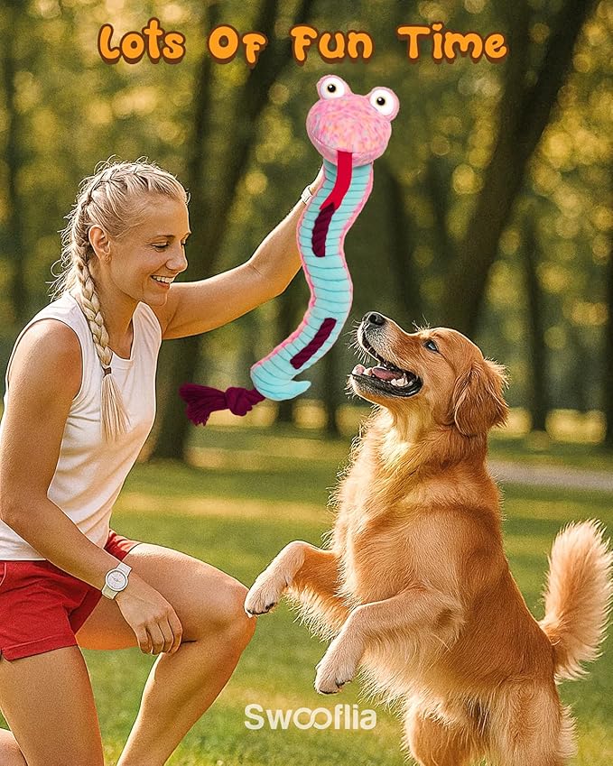 Swooflia Dog Rope Toy - Interactive Cute Snake Squeaky Plush Toys Stuffless, Teeth Cleaning for Small Medium Large and Boredom Dogs, Outdoor Durable Puppy Tug of War Chew Toy