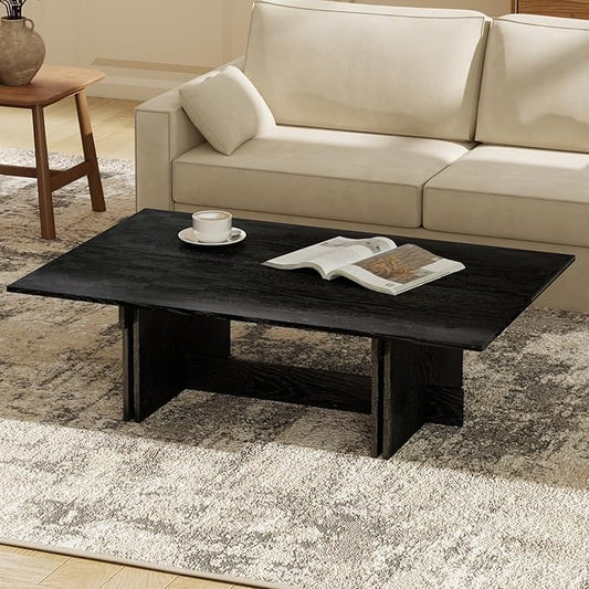 47 Inch Modern Farmhouse Coffee Table, Large Rectangular Wood Center Table with Cross Base for Living Room, Rustic Industrial Cocktail Table, Black