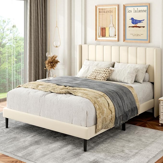 Full Size Bed Frame with Upholstered Wingback Headboard, Easy Assemnly Platform Bed, Wooden Slat Support No Box Spring Needed, Cream