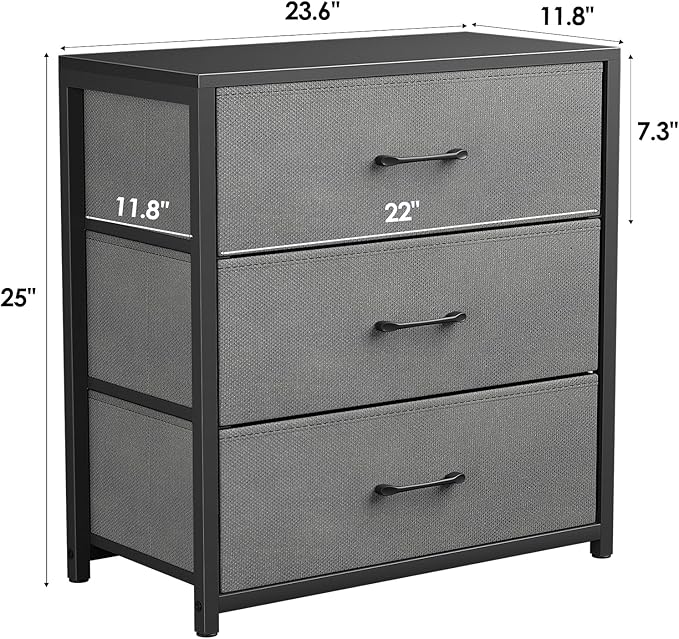 Nightstand with 3 Drawers for Bedroom, Storage Dresser with Fabric Drawers and Metal Frame for Closet, Living Room, Bedside Table with Wood Top, Easy Pull Handle, Gray