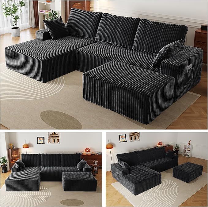 108" U Shaped Sectional Couch with Ottoman, Corduroy Modular Sectional Sofa with Deep Seat, Modern Modular L-Shape Sofa Couch with Chaise,Upholstered Boneless Couches for Living Room Bedroom