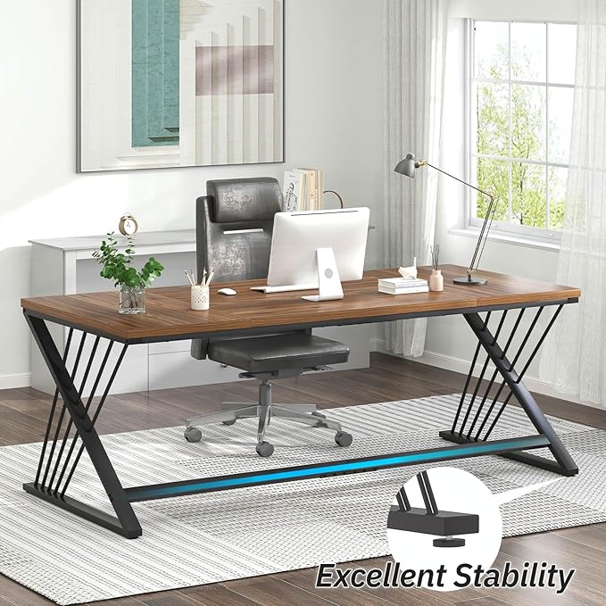 FOLUBAN 70.9" Computer Desk with Z-Shaped Legs, Large PC Desk for Home Office, Industrial Writing Desk, 2 Person Executive Workstation Study Table for Bedroom, Rustic Walnut