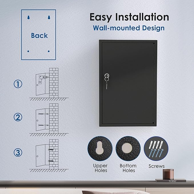 ORIENTOOLS Key Box Steel Key Safe Cabinet, Wall Mount Key Holder Lock Box with Key Tags, Key Organizer Ideal for Home, Hotels, Valets and Office Key Storage (64 Keys, Black)