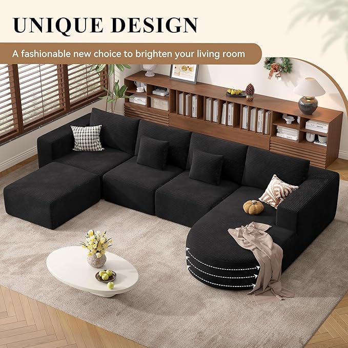 134" Boneless Couches for Living Room,Big Modular Sectional Sofa with Ottoman,Cloud Couch in a Box,Sponge Compression U Shaped Sofas with Chaise No Assembly Required,Black,1pcs