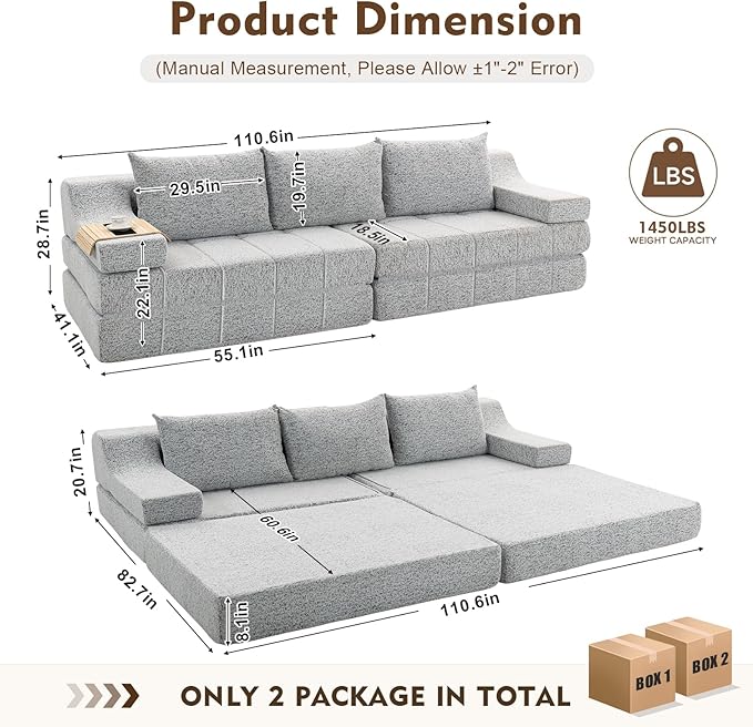 MEISSALIVVE 110.6" Convertible Sofa Bed,2-in-1 Modular Oversized Boneless Couch with Wide Armrest & Thick Cushion,Futon Sofa with Pull Out Bed for Living Room,Bedroom,No Assembly Required(Grey